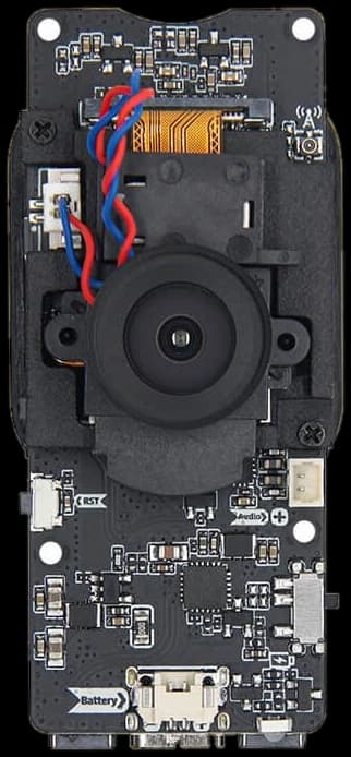 The LilyGO T-Camera Plus S3 from the back: the camera on its holder, the Audio socket for the speaker and the USB-C port
