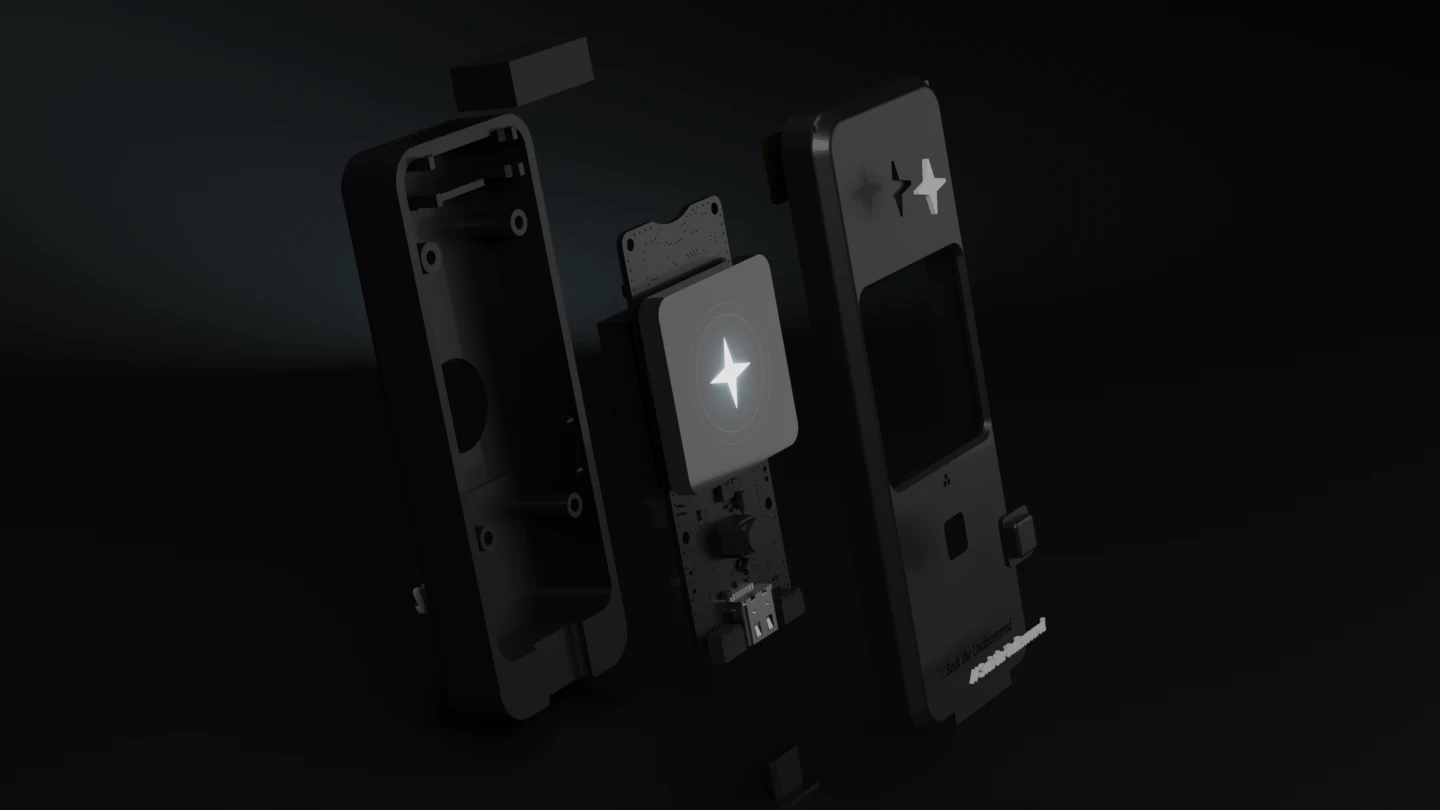 Orion taken apart: the rear shell, the speaker, the LilyGO board with its screen, the front bezel, the button plunger and the white inlays