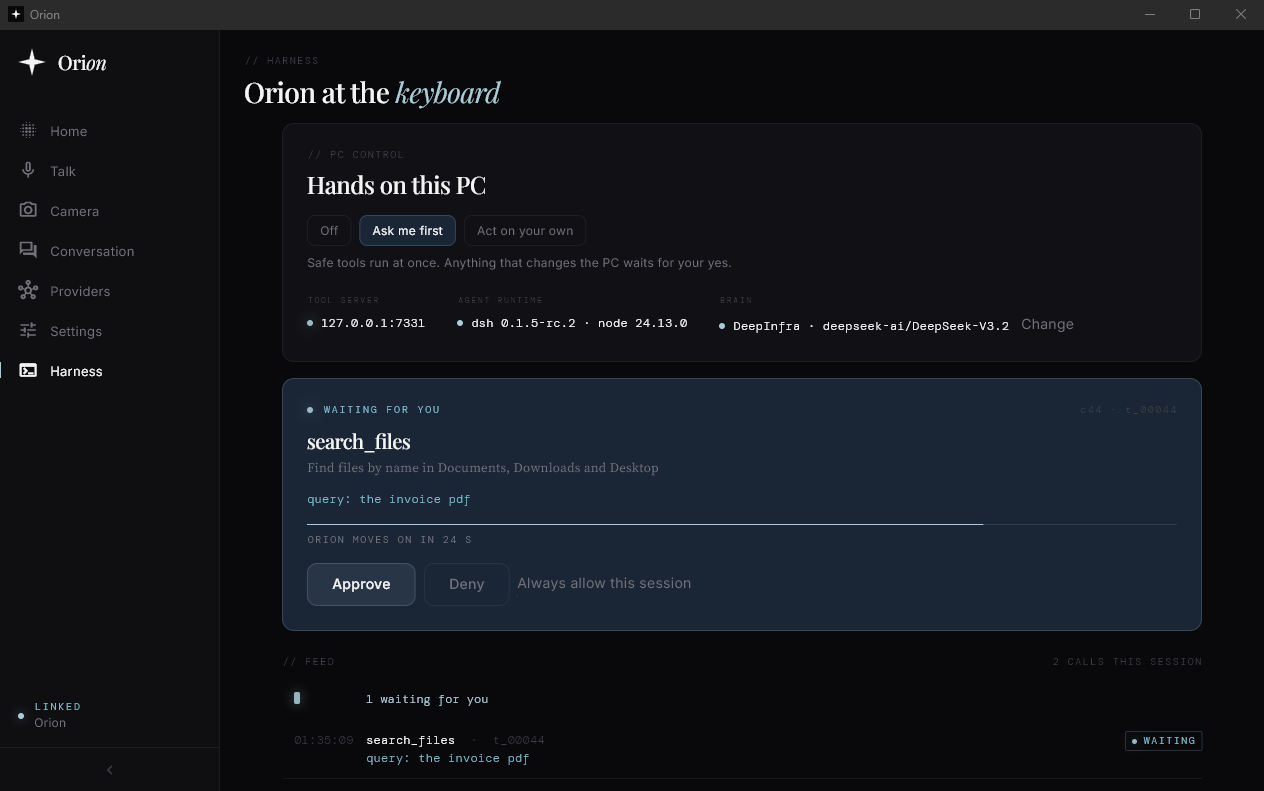Harness: Orion wants to run search_files for the invoice pdf and waits for Approve, Deny or Always allow this session.