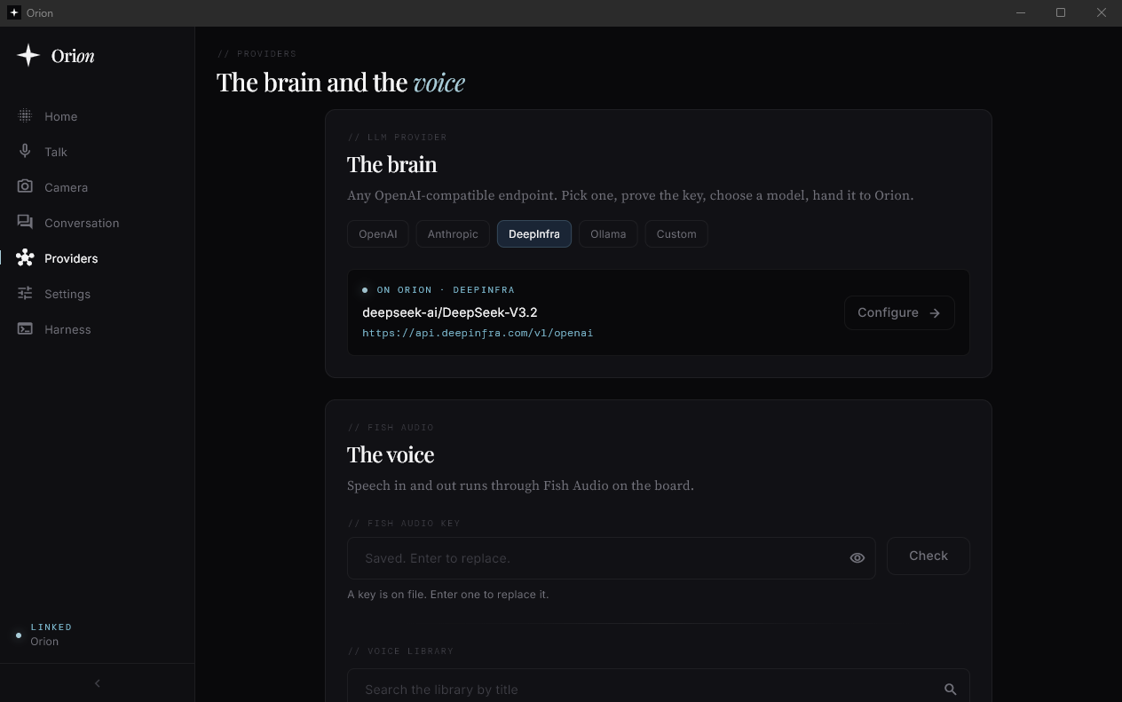 Providers: the brain on any OpenAI compatible endpoint, here DeepSeek V3.2 on DeepInfra, and the Fish Audio key for the voice.